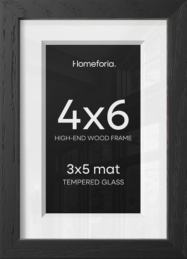 Homeforia 4x6 Picture Frame Black Wood, High End Oak 4by6 Black Wooden Frames with Mat 3x5 Print, 4 x 6 Frame Matted to 3 x 5 inch Photo, 4x6 Wall or Tabletop Frame, Tempered Glass, Wall Kit, Set of 1