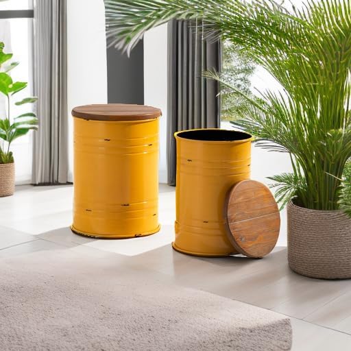 Glitzhome Rustic End Table Set of 2, Farmhouse Galvanized Metal Barrel Ottoman Storage Stool with Round Wood Lid for Living Room Furniture, Yellow