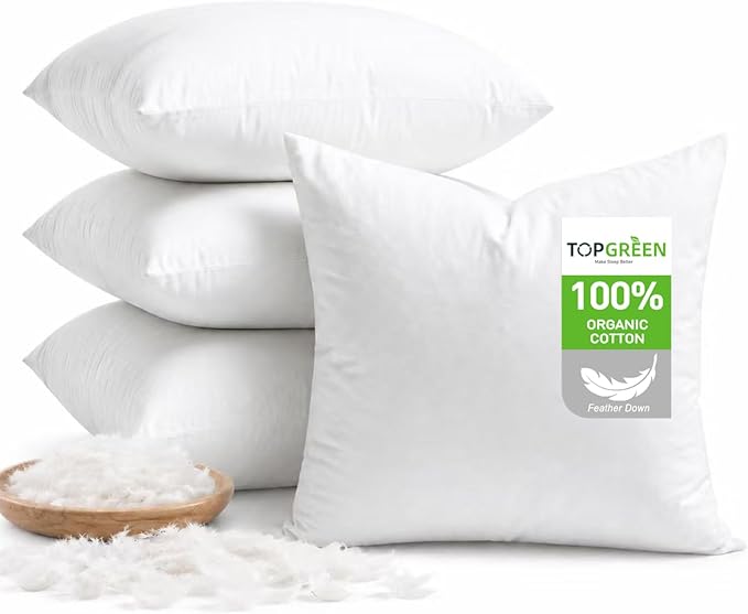 TOPGREEN Feathers Down Pillow Inserts 16x16 (Set of 4, White), 100% Organic Cotton Shell, Soft Decorative Square Throw Pillow for Living Room Sofa, Couch, or Bed