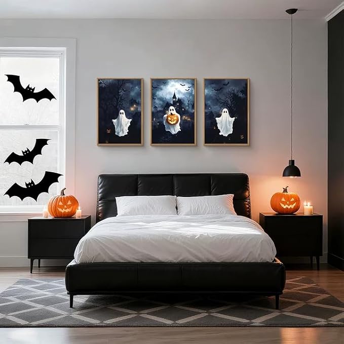 Large Spooky Halloween Framed Canvas Wall Art,Funny Ghost and Pumpkin Wall Decor,Eerie Night Castle Scene Artwork,Dark Bat and Full Moon Art Print for Living Room,Bedroom,Office- 16"x24"x3