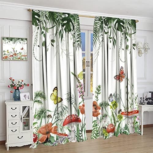 Red Mushroom Curtains,Boho Green Plant Butterfly Bee Wildflower Window Drapes,Summer Eucalyptus Leaf Tropical Vintage Window Treatment for Living Room Bedroom Cafe Kitchen 52x84in