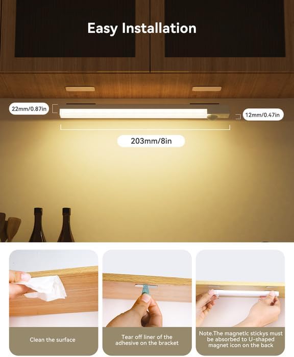 Under Cabinet Lights 8 Inch 3-Pack, Rechargeable Battery Operated Motion Sensor Light Indoor, Dimmable Closet Lights, Wireless Under Counter Lights for Kitchen, Stairs