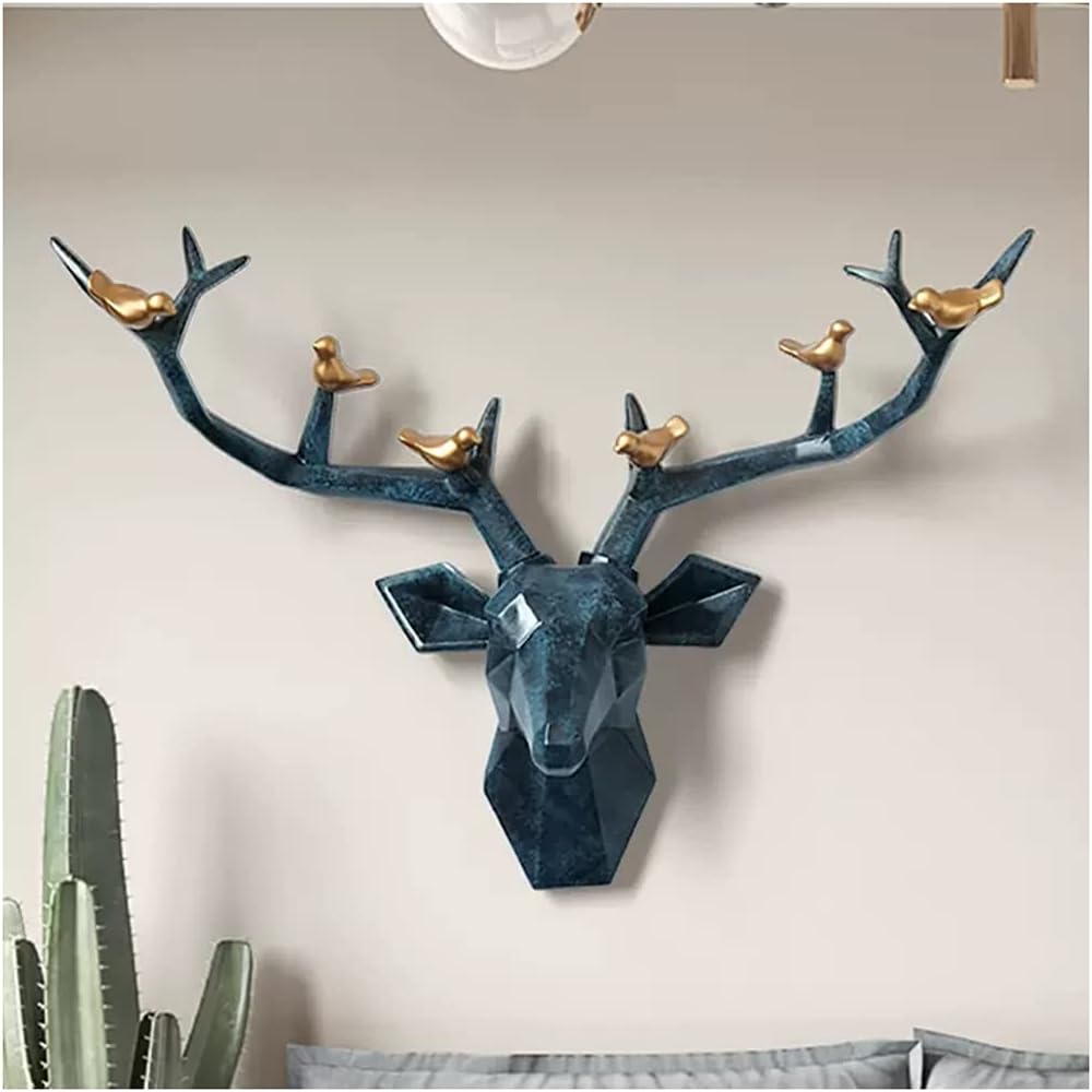 ZRAGEK Rustic Geometric Deer Head Wall Decor, Faux Taxidermy Animal Head Wall Art, Blue, 21.8x15.7IN