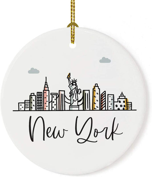 Andaz Press Round Ceramic Porcelain Christmas Tree Ornament Keepsake, New York Colorful City Skyline Graphic, 1-Pack, Birthday Gift Ideas for Family Coworker Him Her, Includes Gift Box