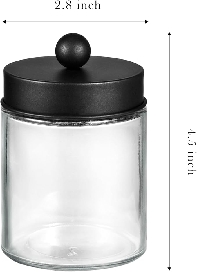 SheeChung Qtip Dispenser Holder, Glass apothecary jars with Acrylic Vanity Tray, Countertop Canister Guest Bathroom Essentials Storage Organizer for Cotton Swabs/Balls, Floss Picks