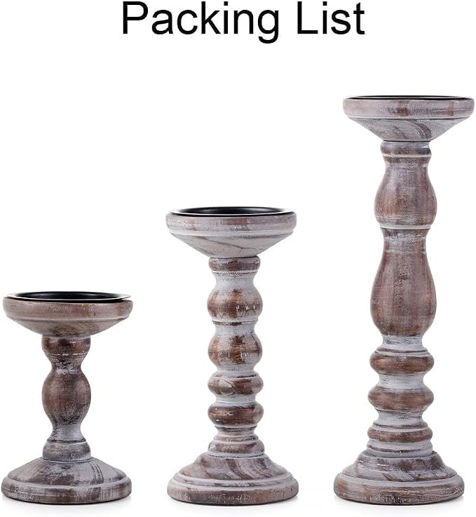 Wooden Pillar Candle Holder: Rustic Brown Candle Stand Wood Distressed Candleholders Farmhouse Fall Decor for Christmas Fireplace Mantle Dining Table Living Room Shelf Set of 3