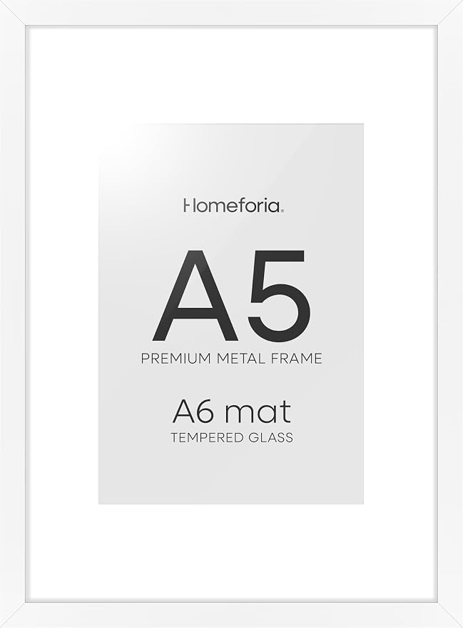 Homeforia A5 Picture Frame White, High End Metal 5.8x8.3 Frames Matted to 4.1x5.8 Print, A5 Photo Frame with Mat A6, 5.8 x 8.3 Poster Frame, 8.3x5.8 Display Frames, Tempered Glass, Wall Kit, Set of 2