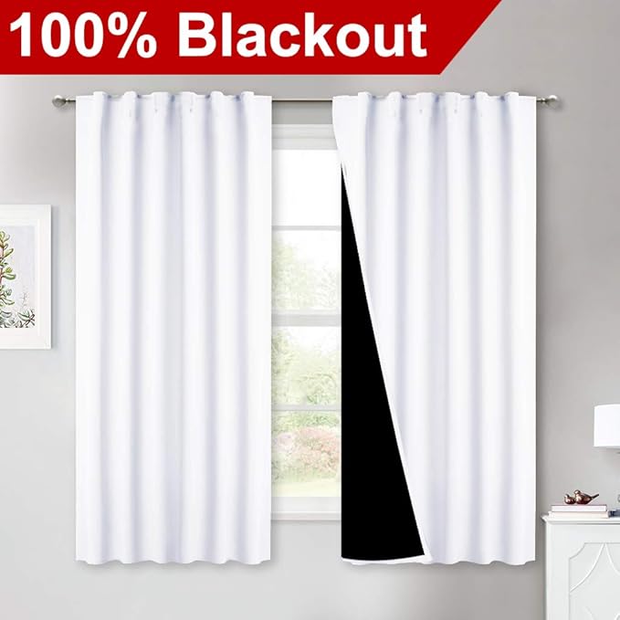 NICETOWN 100% Blackout Window Curtain Panels, Cold and Full Light Blocking Drapes with Black Liner, 45 Inches Drop Thermal Insulated Draperies for Cafe (White, 2 Pieces, 52 inches Wide Each Panel)