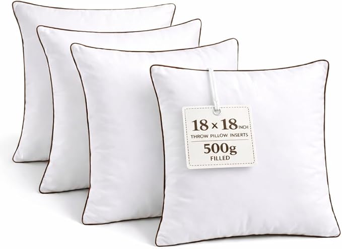 18 x 18 Inch Throw Pillow Inserts Set of 4 – Square White Cushion Forms with Brown Piping, 500g Filled for Decorative Pillow Covers