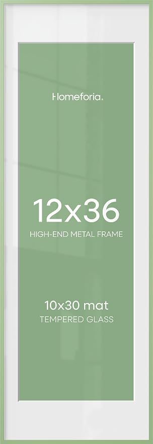 Homeforia 12x36 Sage Green Picture Frame, High End Metal 12by36 Poster Frames with Mat 10x30 Photo, 12 x 36 Green Frame Matted to 10 x 30 Art, 36x12 Panoramic Frame, Tempered Glass, Wall Kit, Set of 1