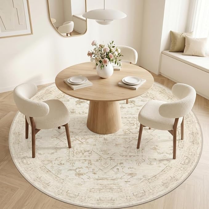 Round Area Rug for Living Room: 8ft Vintage Boho Neutral Washable Circle Rug Soft Large Circular Carpet for Bedroom Nursery Farmhouse Dining Room Office Floor Non-Slip Low Pile Under Table Beige/Brown