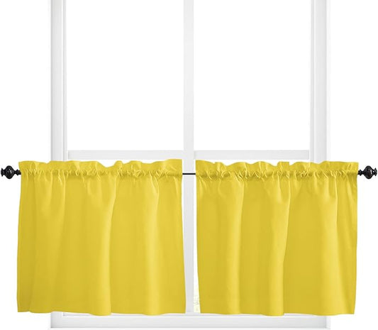 24 Inch Long Tier Curtains for Kitchen, Pure Yellow Solid Color Bathroom Window Curtains Rod Pocket Short Curtains Window Treatment Tiers for Living Room Farmhouse 2 Panels