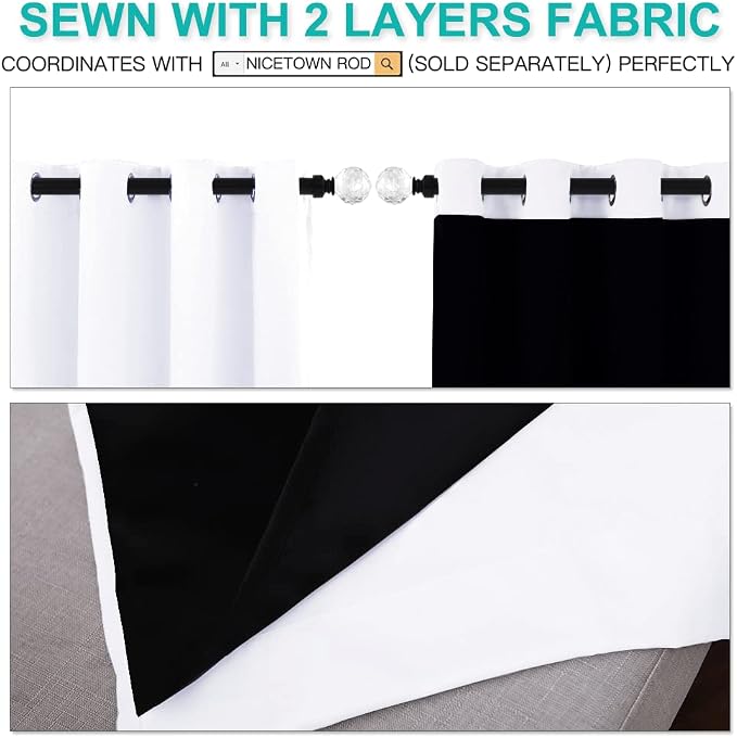 NICETOWN 100% Blackout Window Curtain Panels, Cold and Full Light Blocking Drapes with Black Liner for Nursery, 84 inches Drop Thermal Insulated Draperies (White, 2 Pieces, 62 inches Wide Each Panel)