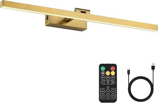 Joosenhouse Battery Operated Picture Light, Wireless Gallery Light with Remote Control and Dimmable Timer Off Function, Rechargeable Painting Art Light, 23.23 Inch Brass Wall Sconce