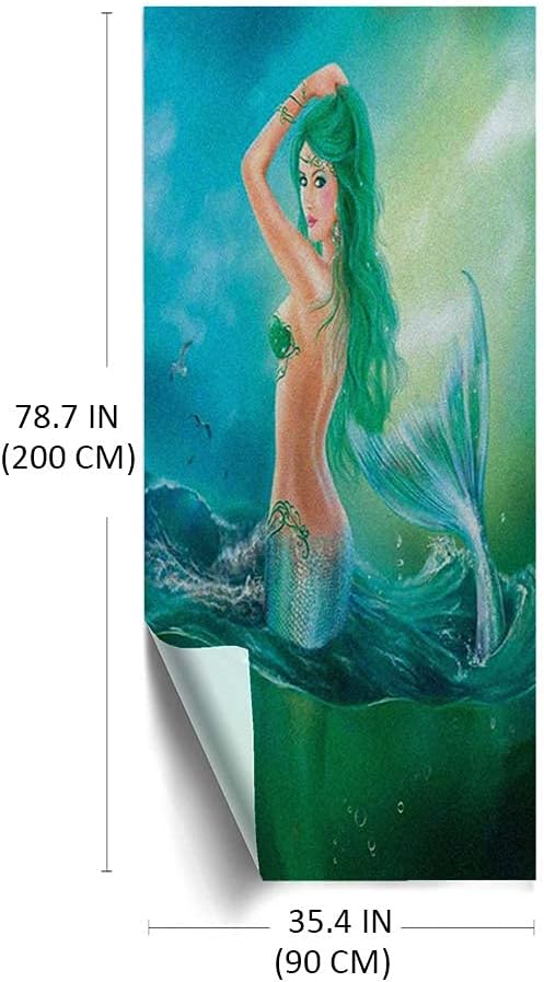Underwater Pattern Window Privacy Film,Mermaid in Ocean on Waves Tail Sea Creatures Dramatic Sky Dark Clouds Print Window Stickers Film,Window Film Privacy Decorative,35.4" x 78.7" Blue Green