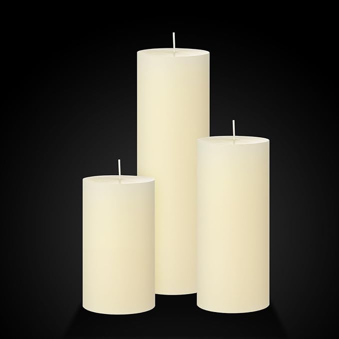 Shihanee Set of 3 Pillar Candles and 3 Glass Cylinder Candle Vases Holders Clear Pillar Jars for Wedding Centerpieces(3.4'' X 7", 9.8", 11.8",Ivory White)