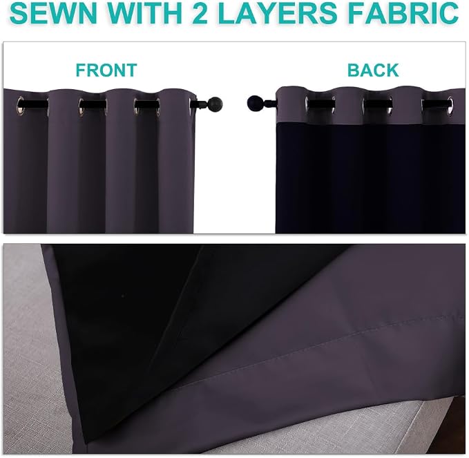 NICETOWN 100% Blackout Short Curtains with Black Liners, 2 Panels, 37" W by 40" L, Greyish Purple, Thermal Insulated Full Blackout 2-Layer Lined Drapes, Energy Efficiency Window Drapes for Bedroom