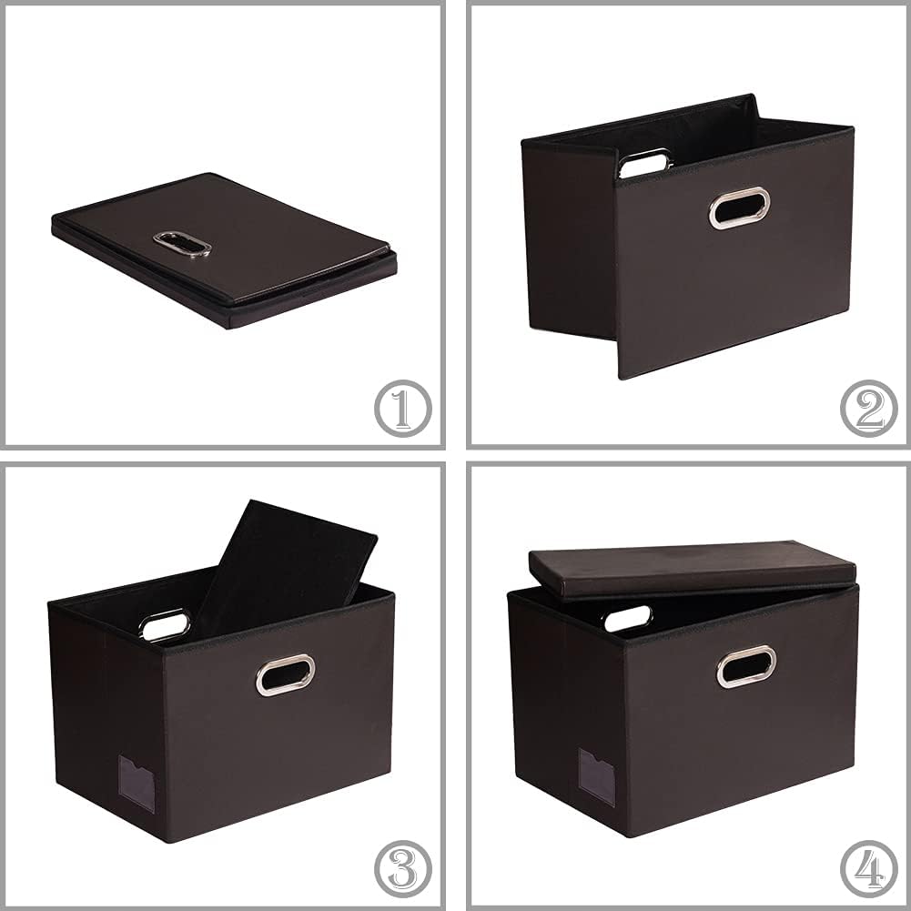 PRANDOM Collapsible Storage Bins with Lids [3-Pack] Leather Fabric Foldable Storage Boxes Organizer Containers Baskets Cube with Cover for Bedroom Closet Office Nursery Brown (14.9x10.8x10)