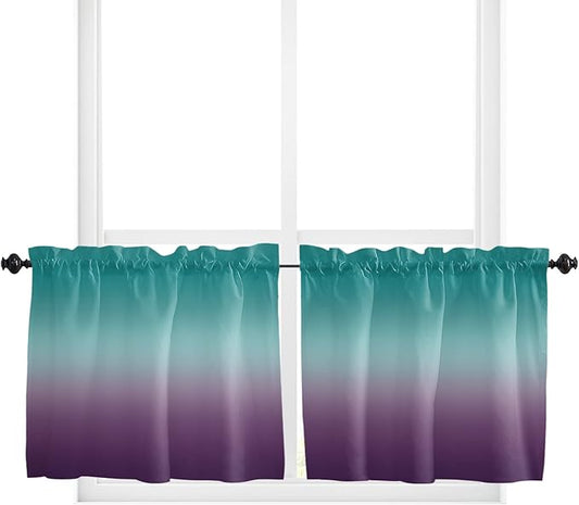 24 Inch Long Tier Curtains for Kitchen, Cyan Turquoise Purple Gridient Bathroom Window Curtains Rod Pocket Short Curtains Window Treatment Tiers for Living Room Farmhouse 2 Panels