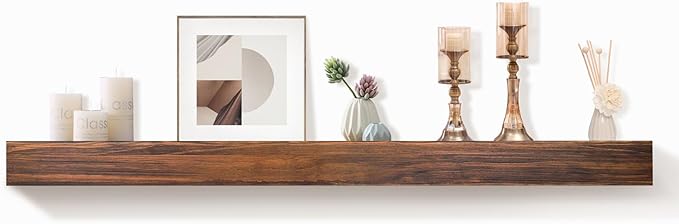 AZSKY Deep Walnut Fireplace Mantel Shelf Wall Mounted, Handcrafted 60 Inch Floating Mantel Shelf for Over Fireplace, Long Hollow Solid Wood Shelf with Invisible Bracket for Living Room Under TV Decor