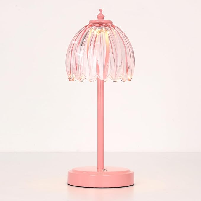 Shenmoyl Rechargeable Table Lamp with 5200mAh Battery & Touch Control - 3 Adjustable Color Temperatures, Cordless Dimmable Table Light for Bedroom, Office Desk, Nightstand (Clear Pink,Pink Base)