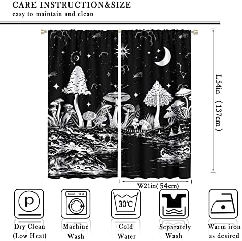 Black White Mushroom Curtains,Mountain with Pine Trees and Lake Landscape Window Drapes,Boho Galaxy Star Print Blackout Window Treatment for Bedroom Living Room College Dorm 42x54 Inch