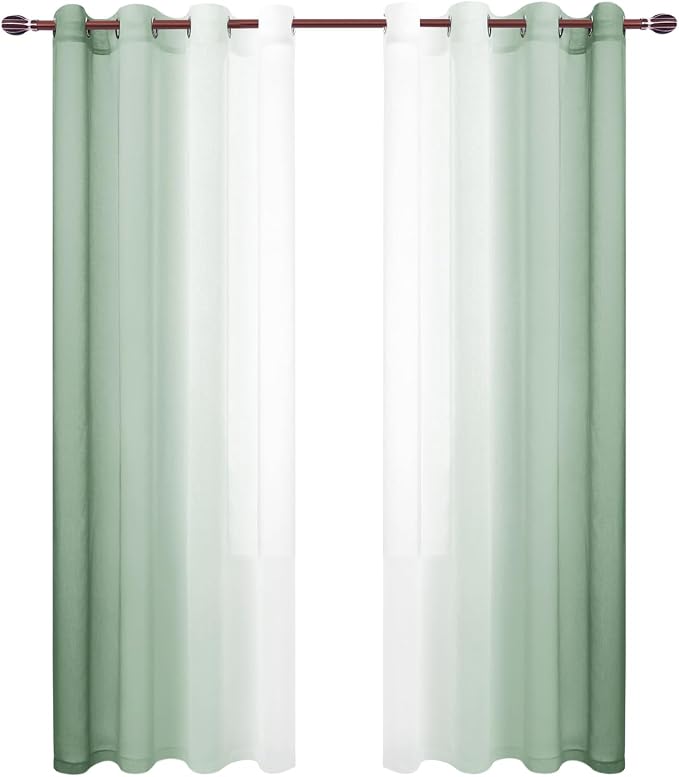 DWCN Light Sage Faux Linen Ombre Sheer Curtains - 84 inches Long Gradient Semi Voile Curtains for Bedroom and Living Room, Set of 2 Grommet Top Window Curtain Panels, 52 x 84 Inches Long, Sage Green