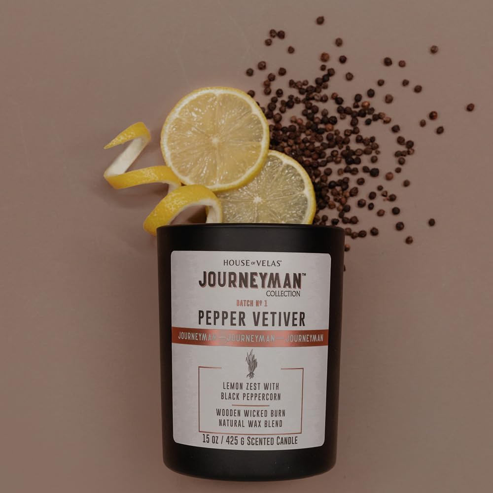 Journeyman Collection Candle, 15oz, Wooden Wick, Pepper Vetiver, Large Painted Jar