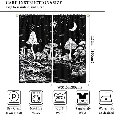 Black White Mushroom Curtains,Mountain with Pine Trees and Lake Landscape Window Drapes,Boho Galaxy Star Print Blackout Window Treatment for Bedroom Living Room College Dorm 63x63in