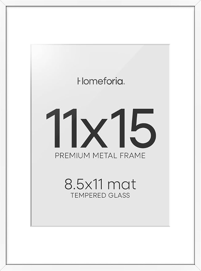Homeforia 11x15 Picture Frame White, High End Metal 11x15 Poster Frames with Mat for 8.5x11, 11 x 15 White Frames Matted to 8.5 x 11 inch Photo, 11by15 Hanging Frames, Tempered Glass, Wall Kit, Set of 2
