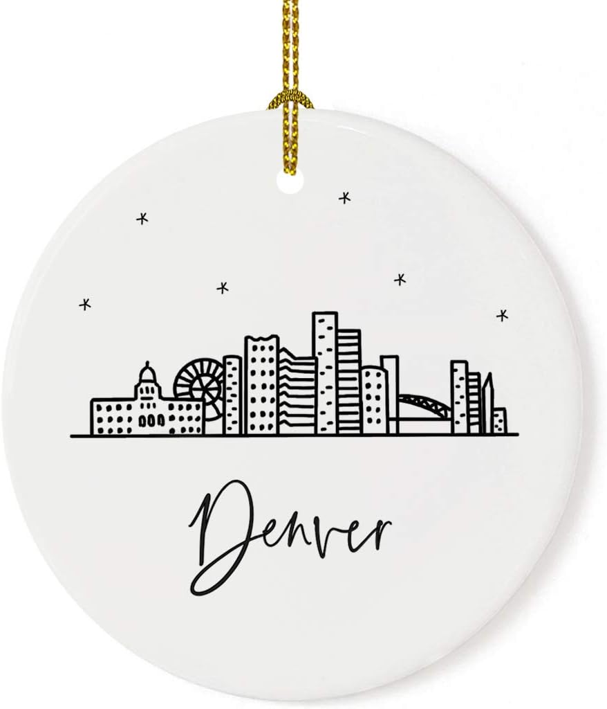 Andaz Press Round Ceramic Porcelain Christmas Tree Ornament Keepsake, Denver Black and White Stars City Skyline Graphic, 1-Pack, Birthday Gift Ideas Family Coworker Him Her, Includes Gift Box