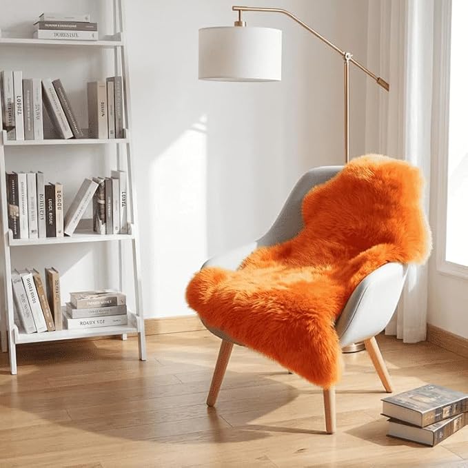 AOGELAN Orange Premium Genuine Sheepskin Rug, Genuine Sheepskin Natural Lambskin Shaggy Fur Area Rug for Kids Bedroom Sofa Chair Seat Cover Pets Dogs Mat Single Pelt/2FT*3FT
