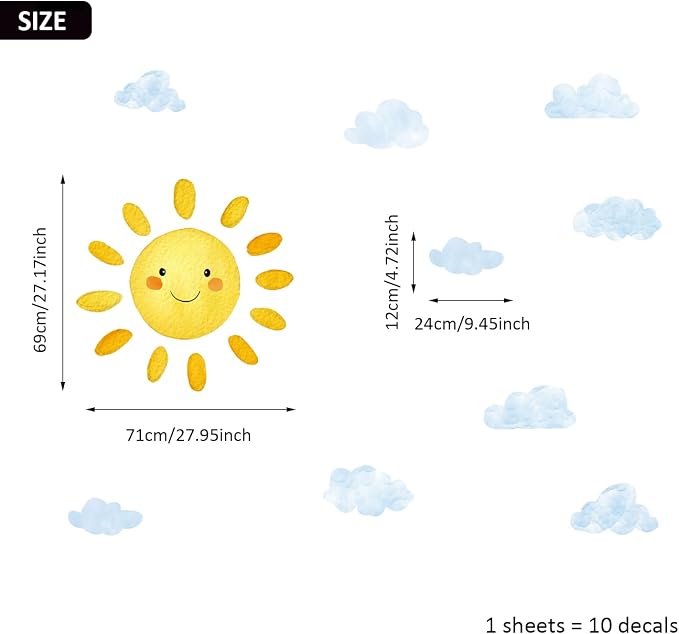 Large Sunshine Nursery Decor, Smile Sun and Cloud Wall Decal for Playroom, Classroom and Party, Watercolor Dreamy Drift