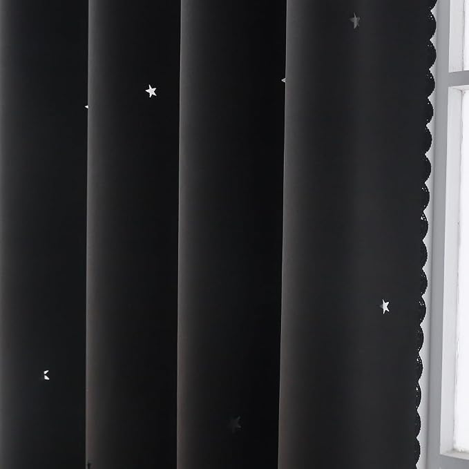 Black Blackout Curtains & Drapes 108 Inches Extra Long Sliding Glass Door | Cute Star Cutouts Double Layer Curtains White Sheer 2 Panels Girls Nursery Divider Room Darkening Window Treatments Cortinas
