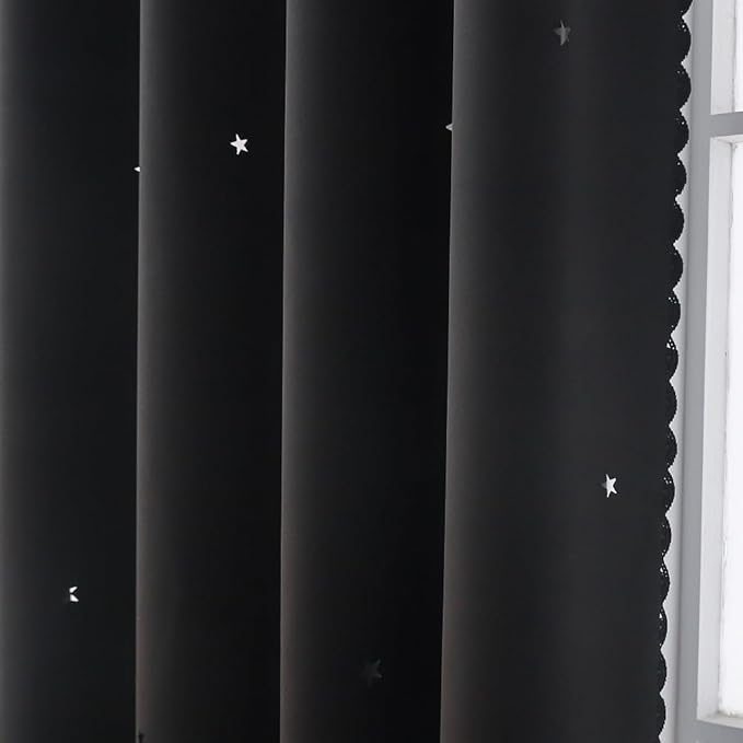 Cute Blackout Curtains for Bedroom 84 Inches Long 1 Panel with White Sheer Overlay Soft Black Double Layer Curtains Star Cutout Girls Room Darkening Nursery Drapes 84 Inch Length
