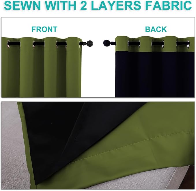 NICETOWN 100% Blackout Curtains 45 inches Long, Olive Green, 1 Pair, 52 inches Width Each Panel, 2 Thick Layers Completely Blackout Window Treatment Thermal Insulated Lined Drapes for Small Window