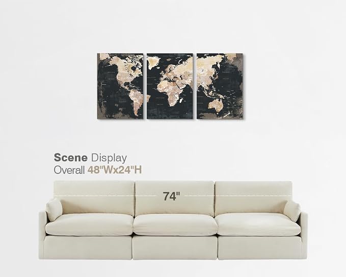 Office Wall Art for Living Room Bedroom Framed Black Vintage World Map | Large Pictures Wall Decor for Mens Male Home Apartment Masculine Decoration Motivational Artwork