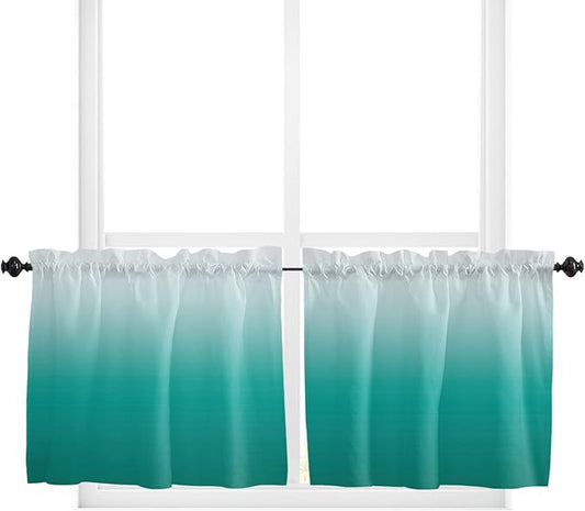 36 Inch Long Tier Curtains for Kitchen, Cyan Turquoise Gradient Bathroom Window Curtains Rod Pocket Short Curtains Window Treatment Tiers for Living Room Farmhouse 2 Panels