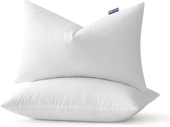 MIULEE 12 x 20 Goose Feather Down Pillows with 100% Cotton Cover, Set of 2 Soft Fluffy Decorative Pillow Inserts for Sofa Bed Couch Living Room White