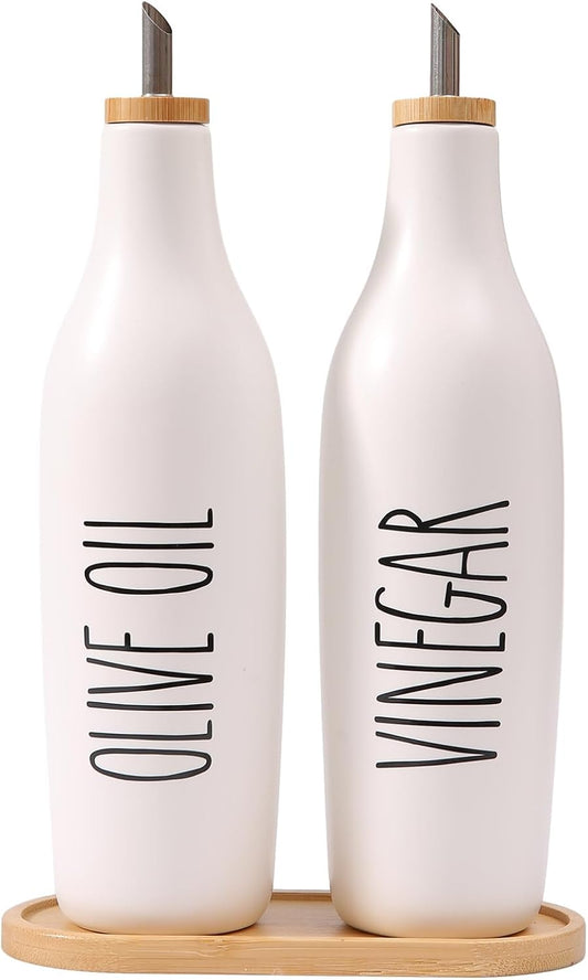 HOMCDALY Olive Oil and Vinegar Dispenser Set, 16oz Ceramic Oil Dispenser for Kitchen, Kitchen Dispenser Bottle for EVOO Vinegar Syrups, Modern Farmhouse Design | Set of 2 – P-White