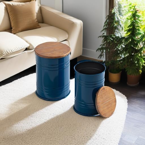Glitzhome Rustic Storage Ottoman Seat Stool, Farmhouse Nesting End Table, Galvanized Barrel Metal Accent Side Table Toy Box Bin with Round Wood Lid for Living Room, Set of 2, Navy Blue