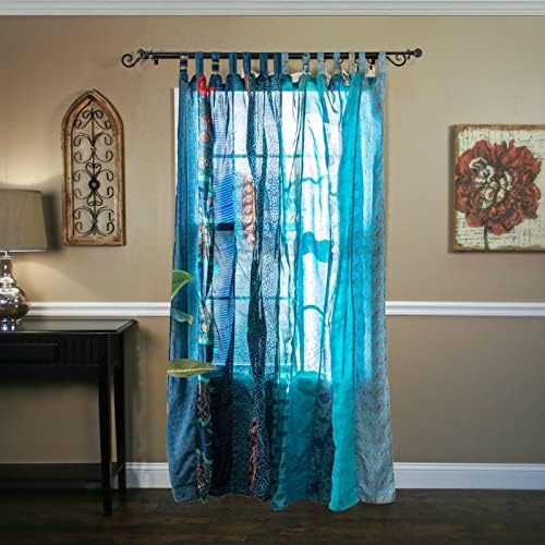 Rajbhoomi Assorted Sari Colorful Curtains Light-Filtering – Boho Curtains, Bed Canopy Panel, Tapestry or Window Treatment Turquoises Color (84 X 43 Inches)