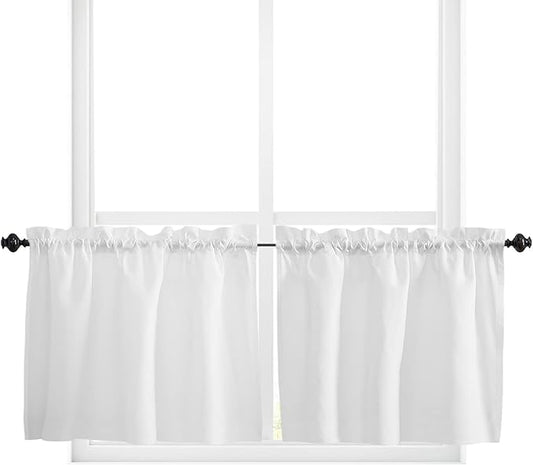 24 Inch Long Tier Curtains for Kitchen, Solid Color White Bathroom Window Curtains Rod Pocket Short Curtains Window Treatment Tiers for Living Room Farmhouse 2 Panels