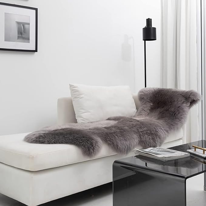 HUAHOO Premium Genuine Sheepskin Rug Camel Real Australia Sheepskin Natural Lambskin Fur Area Rug Seat Covers for Kids Bedroom Sofa Chair Cover Pets Dogs Mat Double Pelt/2' x 6' Mushroom