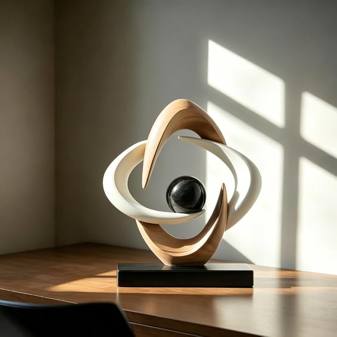 AWNR Gold Abstract Sculpture House Decor Aesthetic - Home Décor Accents for Nightstand, Shelves, Dining Room, Entryway Table, Office, Desk Accessories (White and Wood Color C)