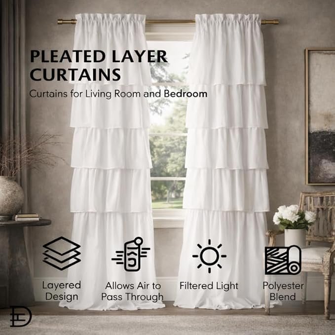 Dainty Home Pleated Layer Curtains for Living Room and Bedroom White 84" x 40" Set of 2 Rod Pocket Header Curtains Long Curtain Panel Window Curtains