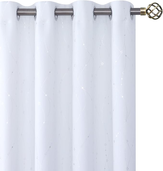 BGment Star & Lines Pure White Room Darkening Curtains 84 Inch Length 2 Panels Set, Thermal Insulated Privacy Grommet Window Drapes for Kids Boys Bedroom, 52 x 84 Inch