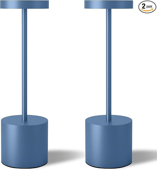 TBBGA Cordless Table Lamps Set of 2, 5000mAh Rechargeable Battery Powered Lamp, 3 Color Stepless Dimming LED Table Lamp, Portable Table Light for Outdoor/Indoor/Restaurant/Home. (Blue)