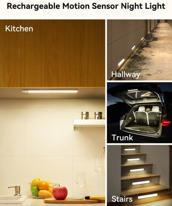 Under Cabinet Lights 8 Inch 3-Pack, Rechargeable Battery Operated Motion Sensor Light Indoor, Dimmable Closet Lights, Wireless Under Counter Lights for Kitchen, Stairs