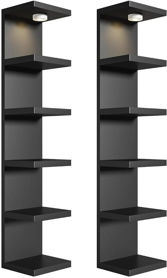 2 Pack 6-Tier Vertical Wall Shelf Unit with USB Rechargeable Led Light (Remote Controlled),Versatile Floating Display Shelves,Lack Style Wall Shelves for Bedroom,Living Room,Office Decor,Vanity-Black